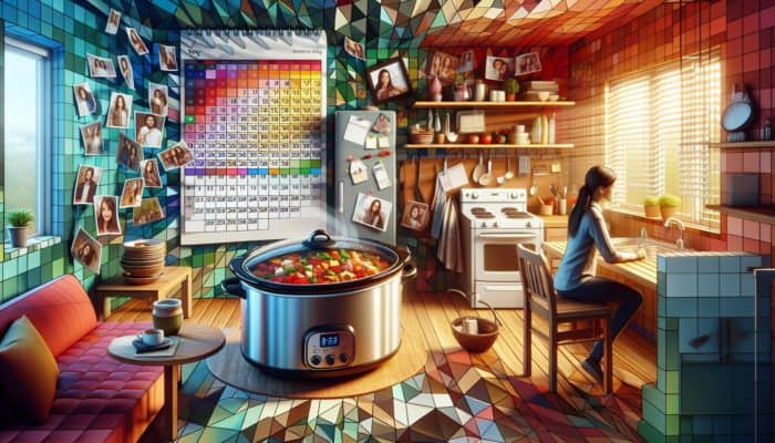 A busy person's cosy kitchen with a steaming slow cooker filled with flavourful stew, surrounded by family photos and a packed schedule.