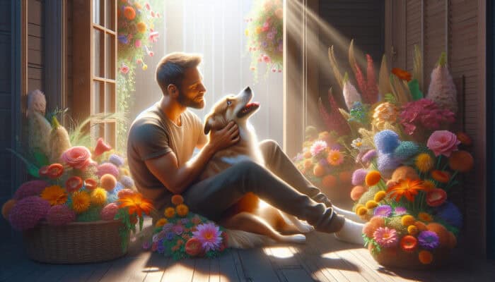 A person hugging their dog on a sunlit porch, with the dog gazing affectionately and flowers blooming around.