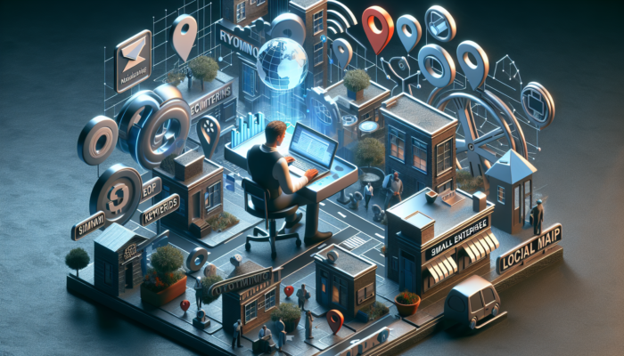 Small Business SEO in Cinderford: An entrepreneur in Cinderford optimising a website on a laptop, surrounded by floating icons of keywords, local maps, and SEO tools.