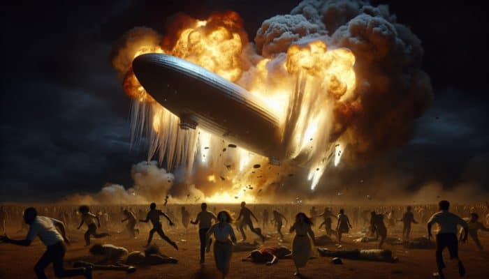 Surviving Mass Panic: Chaotic crowd flees burning airship crash, with panicked faces and billowing smoke under dark night sky.