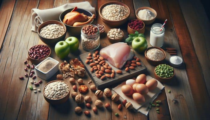 A vibrant still life of oats, nuts, chicken, and beans on a rustic table, symbolising sustained energy.