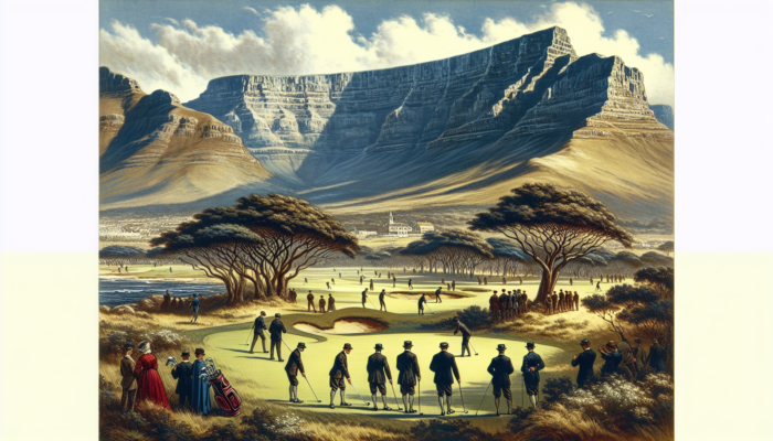 Royal Cape Golf Club: Historic 1885 scene at Royal Cape Golf Club, golfers on 9-hole course with Table Mountain backdrop.
