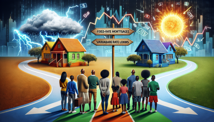 A diverse family in Benoni stands at a crossroads: one path to a stable, sunlit house for fixed-rate loans, another to a stormy home for variable-rate loans.