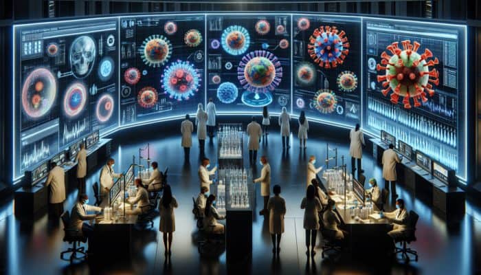 Futuristic command center with diverse scientists analyzing holographic virus models and data screens, as medical teams vaccinate communities.