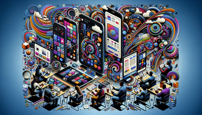 Mobile Website Design in Keynsham for Small Business: A vibrant illustration of a responsive UK small business website adapting seamlessly to smartphones, tablets, and desktops, showcasing satisfied users.