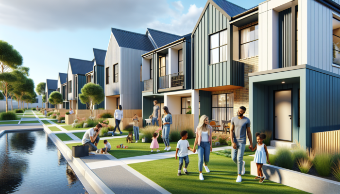 Vibrant Vryheid neighbourhood featuring modern townhouses, green lawns, families relaxing outdoors, and children playing.