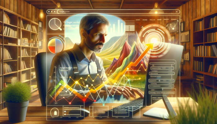 A focused small business owner in a cozy Stonehouse office analyzes rising Google Analytics graphs of website traffic, user behavior, and conversions, symbolizing SEO success.