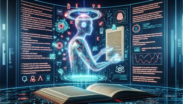 Holographic AI assistant, a glowing figure, reviews digital manuscript with red error highlights and green suggestions in a high-tech lab.