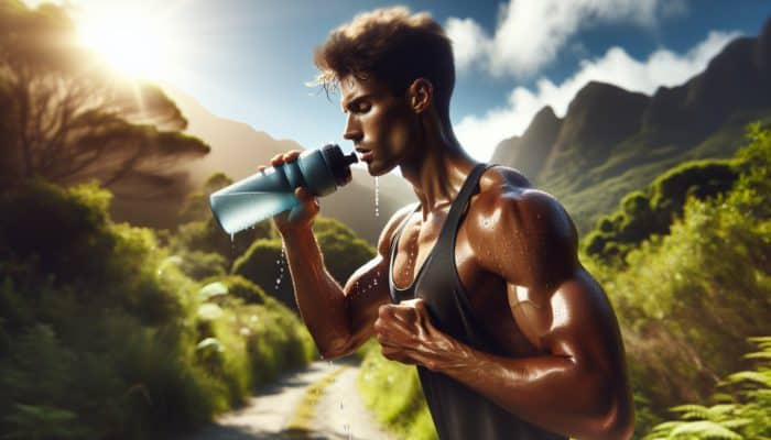 Hydration Techniques from Athletes: Determined athlete pauses during trail run to sip from sports bottle, sweat on focused face, with greenery and distant mountains.