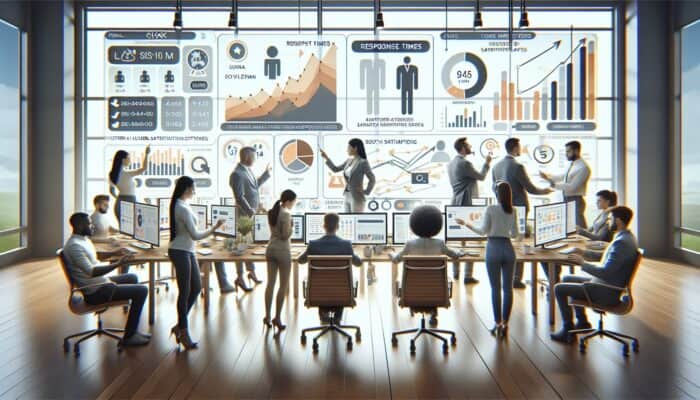 A diverse team in a modern office analyzes support metrics on digital screens, showing graphs of response times, resolution rates, and user satisfaction scores.