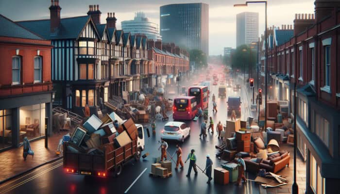 Workers clearing a Victorian house on a busy Coventry street, with debris on the sidewalk during rainy dusk.
