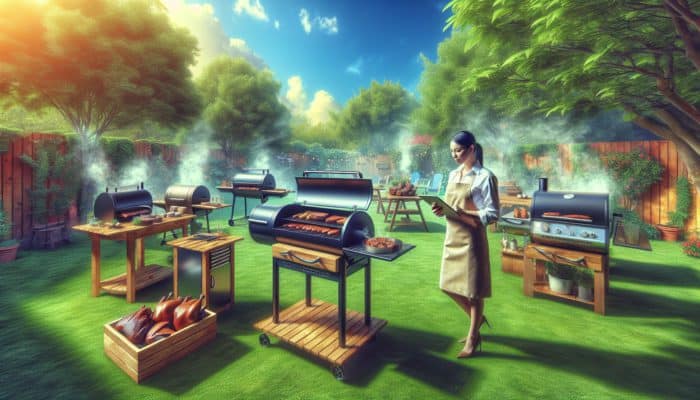 Expert showcasing offset, vertical, and electric smokers in a vibrant backyard with sizzling meats, tools, and greenery under a bright sky.