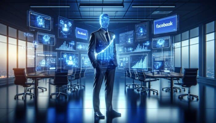 A professional marketer in a modern office views glowing screens of Facebook video ads and rising sign-up graphs under blue lighting.