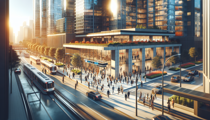 A lively urban street featuring a modern subway station, bustling commuters, upscale apartments, manicured gardens, and luxury cars in a sunlit cityscape.
