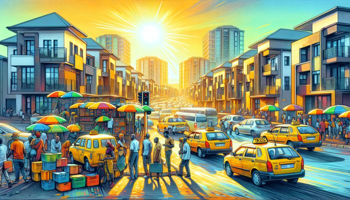A busy Witbank street with yellow taxis waiting at a rank, residents hailing rides under clear skies, and modern homes in the background.