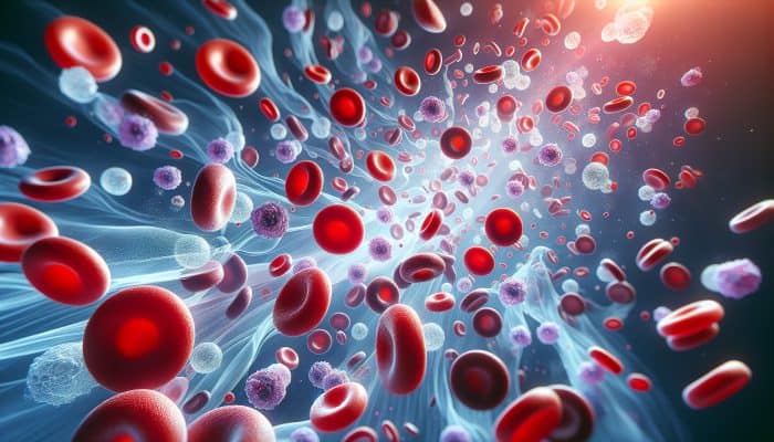 What Does a Full Blood Count Show?: Microscopic view of human blood: red blood cells as biconcave disks, various white blood cells like neutrophils and lymphocytes, and platelets in swirling plasma.