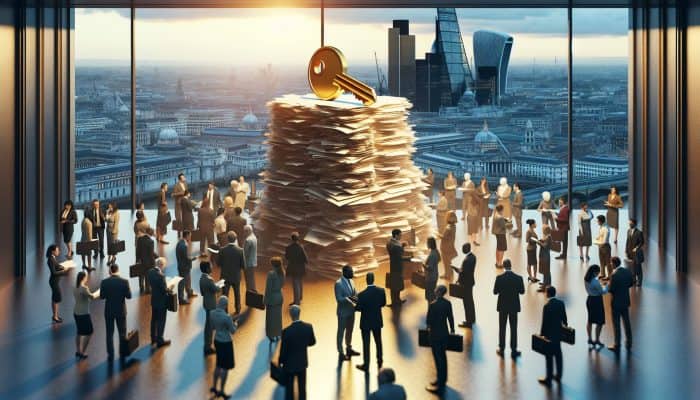 Debt Consolidation Lenders for Large Debts: Essential Guide | DCL Debt Consolidation Lenders for Large Debts: Bustling London financial district at dusk: professionals consult bankers and experts as debt papers magically consolidate into a golden key, symbolising relief.