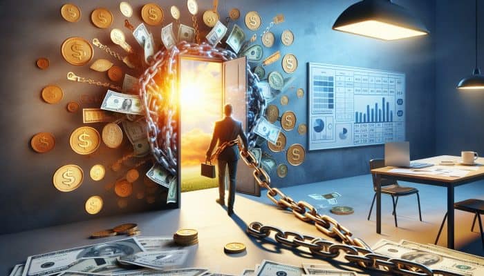 Debt Consolidation Lenders for Large Debts: Essential Guide | DCL Serene figure breaking free from tangled chains of bills and coins, merging into a glowing golden key unlocking a sunlit landscape of financial stability.