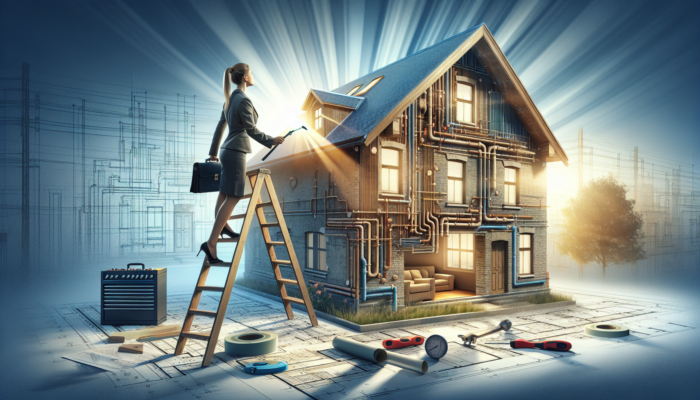 A professional surveyor in Lephalale inspects a townhouse roof from a ladder and checks internal plumbing with tools and blueprints.