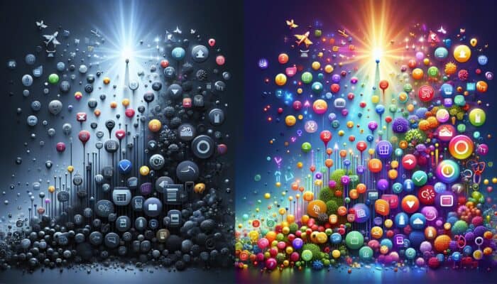 Illustration depicting the impact of SEO: a dim underperforming product page with low traffic icons contrasted with a vibrant one showcasing rising graphs and sales symbols.