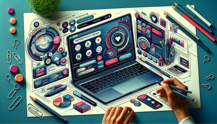 A vivid digital illustration of a modern e-commerce page on a laptop, featuring intuitive navigation, easily accessible buttons, and engaged users browsing.