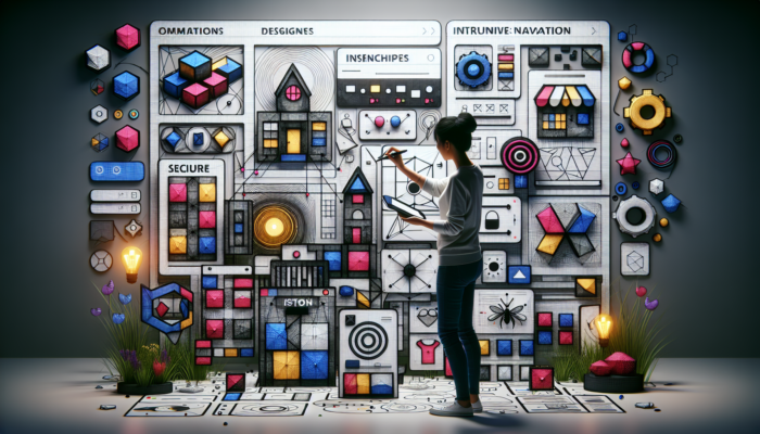 Designer sketching e-commerce wireframes on a tablet, surrounded by screens showing a responsive Radstock site with navigation menus and secure payments.