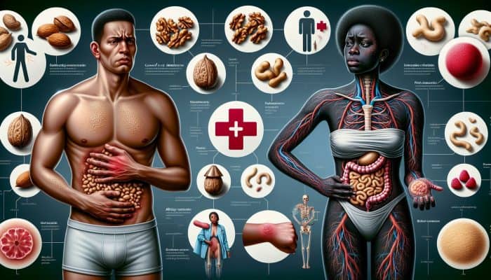 Infographic illustrating the contrast between nut intolerance and allergy: left depicts mild discomfort from nuts, right illustrates severe swelling and hives with descriptive labels.