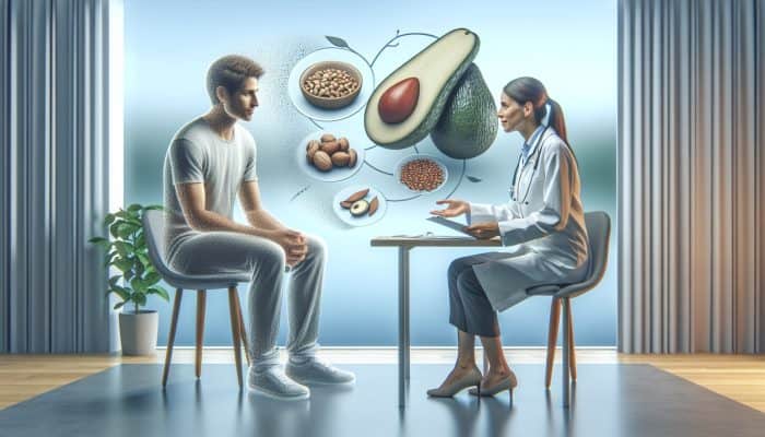 Diverse patient consulting with a dietitian in a UK clinic about nut intolerance, surrounded by charts of avocados and seeds promoting balanced nutrition.