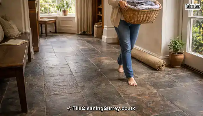 Slate floor in a Surrey hallway looking naturally rich and well cared for, with a homeowner passing through in a relaxed, everyday moment.
