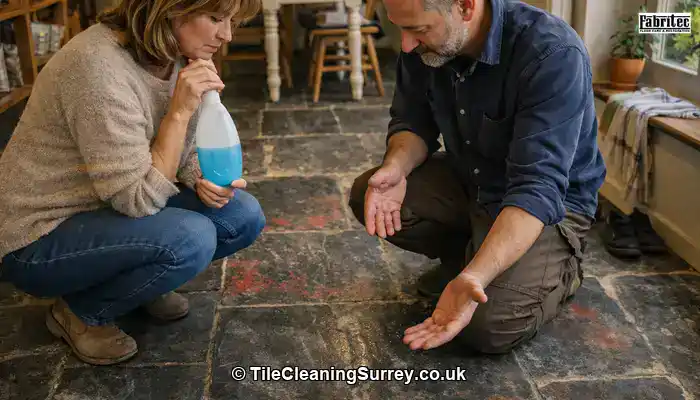 Homeowner concerned about slate floor marks while a specialist explains residue and maintenance in a real Surrey kitchen.