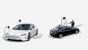 Two electric cars, one white and one black, are parked at charging stations. The white electric car charges unattended while a person in a suit stands by the black car holding the charging cable. Both stations feature screens and cables plugged into the cars.