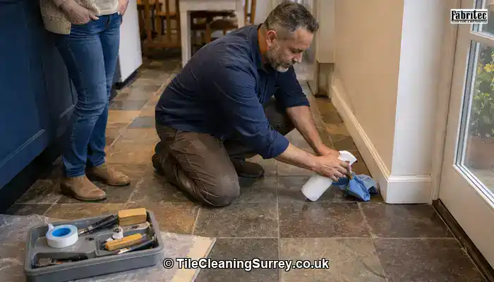 Specialist conducting a small test clean on a slate floor while a homeowner watches calmly in a lived-in Surrey home.