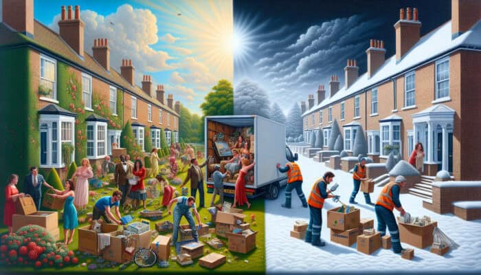 A vibrant UK summer street scene: families loading moving vans and workers sorting boxes on green lawns; snowy January with discounted home signs.