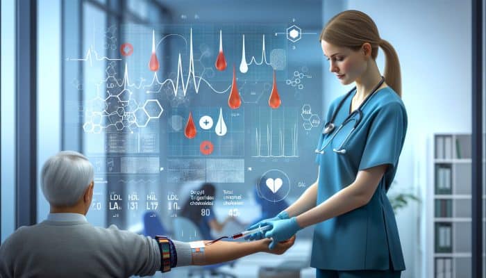 Cholesterol Blood Test in Clifton: A nurse draws blood in a modern UK clinic, with a lipid panel chart showing LDL, HDL, triglycerides, and total cholesterol in the background.