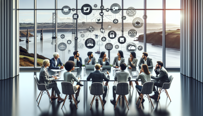 Experts discussing social media strategies in a modern conference room overlooking Bideford's bridge, with laptops, charts, and coffee.