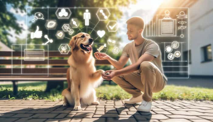 A cheerful owner in a sunny park rewarding a sitting golden retriever with a treat, gently guiding its paw down.