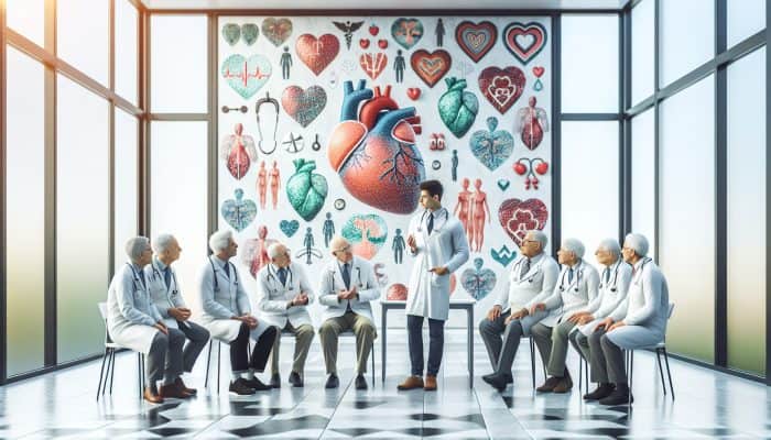 Diverse medical experts in white coats discuss men's heart health in a sunlit clinic, surrounded by charts, stethoscopes, and prevention posters.