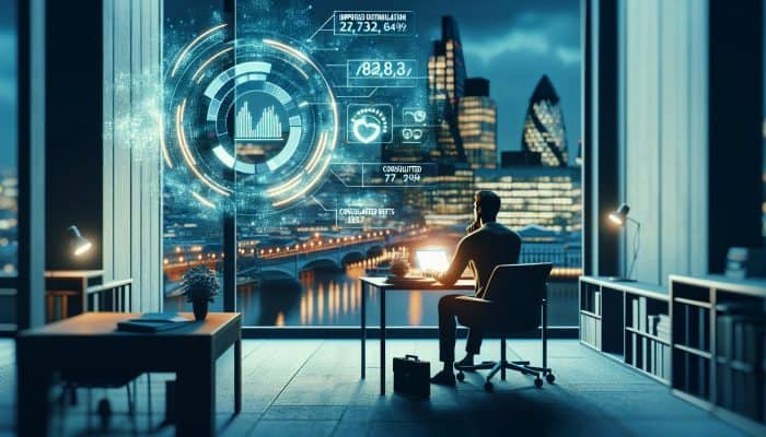 A focused individual in a modern London office reviews a digital credit report screen with graphs showing improved utilization and consolidated debts.