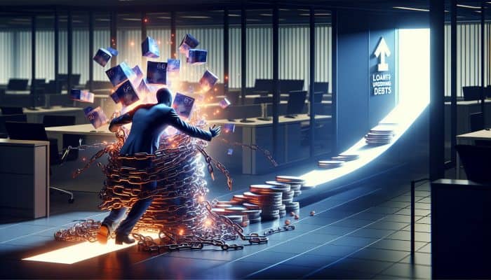 A determined person in a modern UK office escapes tangled debt chains, merging into a glowing loan path with lower rates and 2-5 year timeline, symbolising financial empowerment.