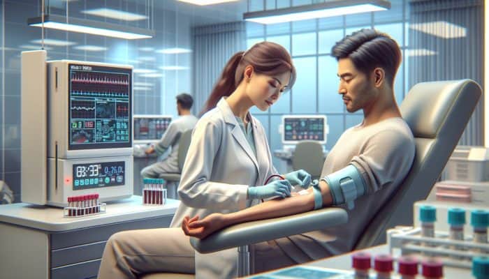 Lab technician collecting blood for AMH testing in a state-of-the-art UK clinic equipped with advanced technology and NHS logos.