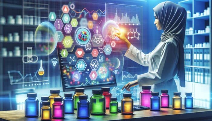 A researcher in a modern laboratory analysing case study charts on a digital display, surrounded by colourful supplement bottles and positive graphs.