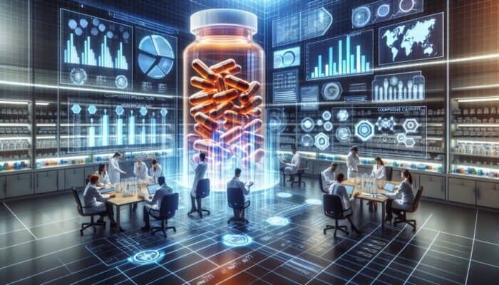 A diverse team of researchers in a modern laboratory examining supplement case studies amidst holographic charts, graphs, and pill bottles.