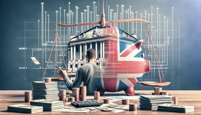 UK resident at desk reviews debt consolidation charts, with Bank of England in the background, amid stacks of bills symbolising financial stability.