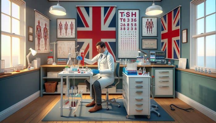 In a contemporary UK clinic, a doctor draws blood for thyroid tests amid laboratory equipment, TSH charts, and British flags.