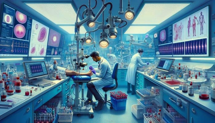 In a busy UK NHS laboratory, a technician in a white coat draws blood for T4 testing, surrounded by microscopes, hormone graphs, and bright lights.