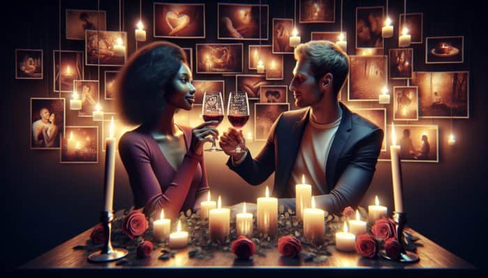 A romantic couple toasting with engraved wine glasses at a candlelit table, surrounded by photo collages and roses in a warm, intimate setting.