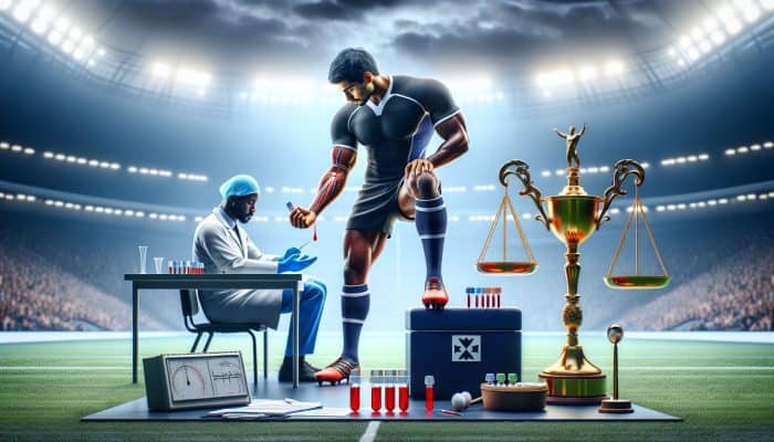 Testosterone Blood Test in Rugby: A focused rugby player in a UK stadium undergoes a testosterone blood test; a physician, balanced scale, and Premiership trophy symbolize fair play under stadium lights.