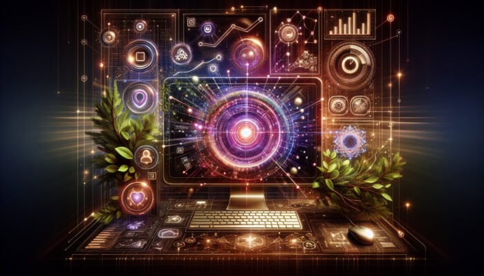 How to Repurpose Blog Posts for Social Media: A vibrant digital workspace showcasing a glowing screen displaying a blog post, social media icons, evergreen leaves, and rising graphs.