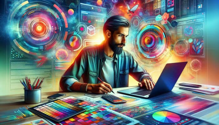 A content creator using WordPress on a laptop and Canva on a tablet, with screens displaying repurposed content in a vibrant digital workspace.