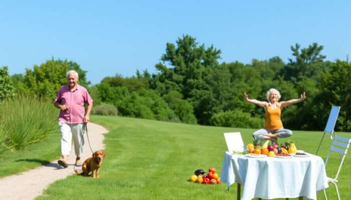 Elderly couple enjoying wellness activities outdoors, one walking a dog, another practising yoga, alongside a table of fresh fruits and vegetables, set against a backdrop of lush greenery and blue sky.